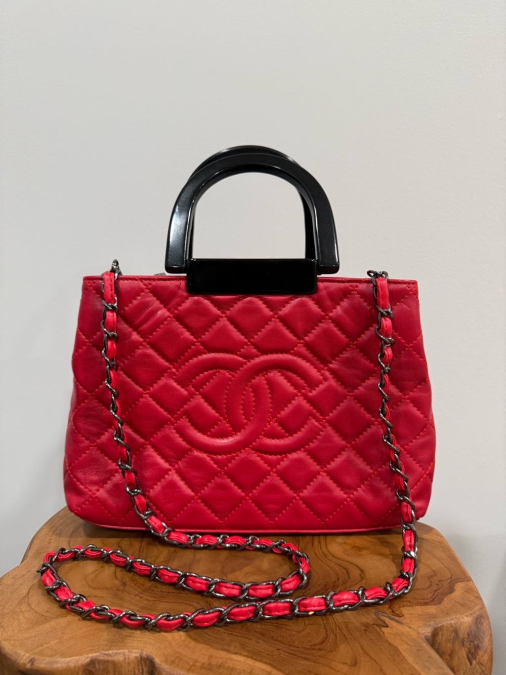 Red Quilted Top Handle Bag w/ Chain Strap
